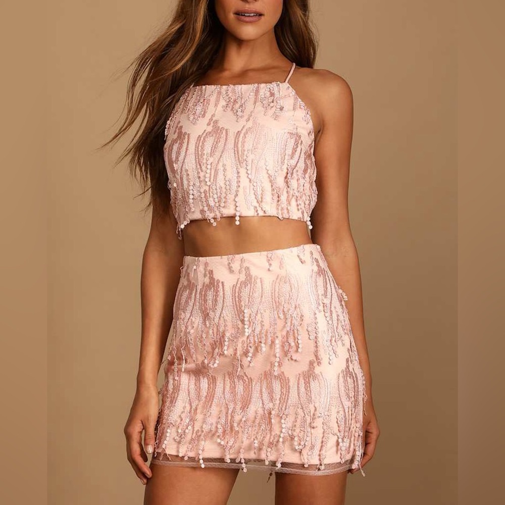 Lulus Dancing in a Dream Blush Fringe Lace Up Two Piece Mini Dress NWT